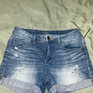 Denim Blue Distressed Women's Mid-Rise Shorts